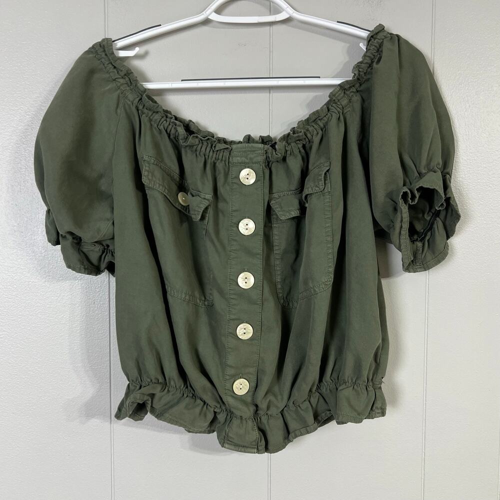 American Eagle Olive Green Utility Off Shoulder Crop Top Medium Puff Sleeve